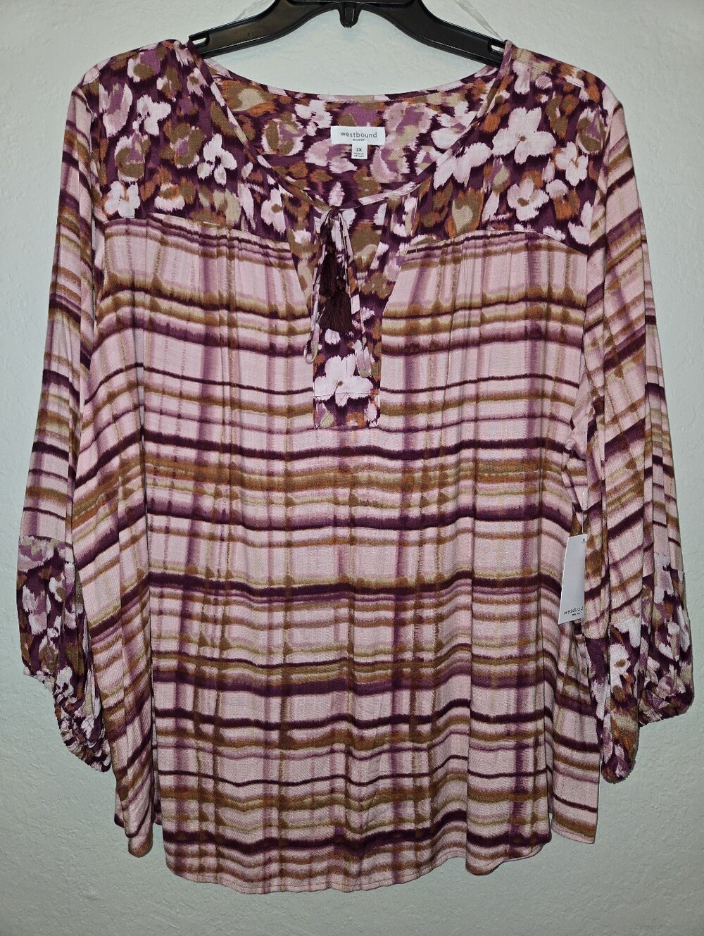 Westbound Pink and Brown Plaid Floral Yoke Tunic Top W/ Tassels NWT - Picture 2 of 3